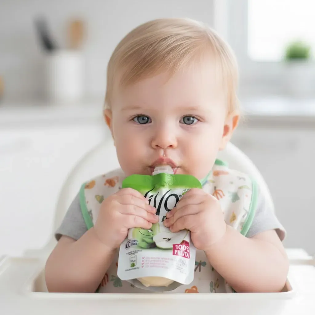 a baby is eating puree in the spout pouch
