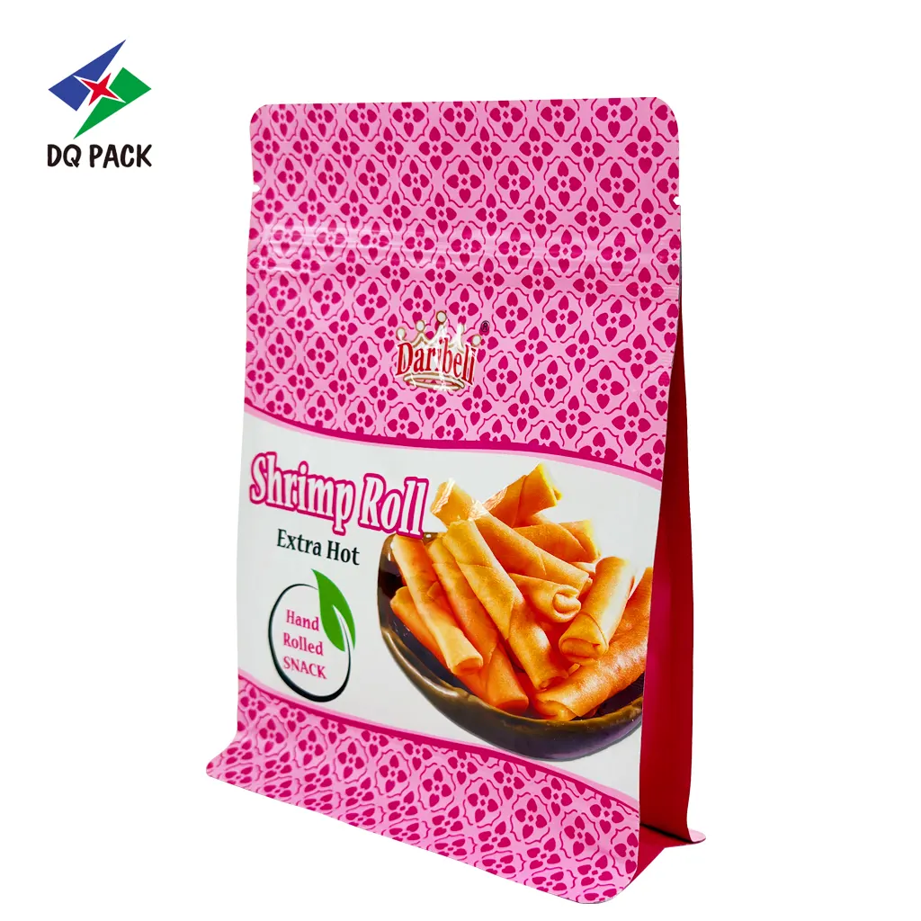 Custom Flat Bottom Snack Pouches-Eight-Side Seal Zipper Pouch for Shrimp Roll Snack Packaging Supplier-1