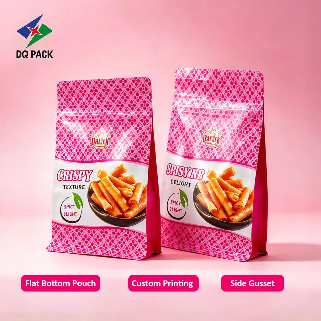 Custom Flat Bottom Snack Pouches-Eight-Side Seal Zipper Pouch for Shrimp Roll Snack Packaging Supplier-5