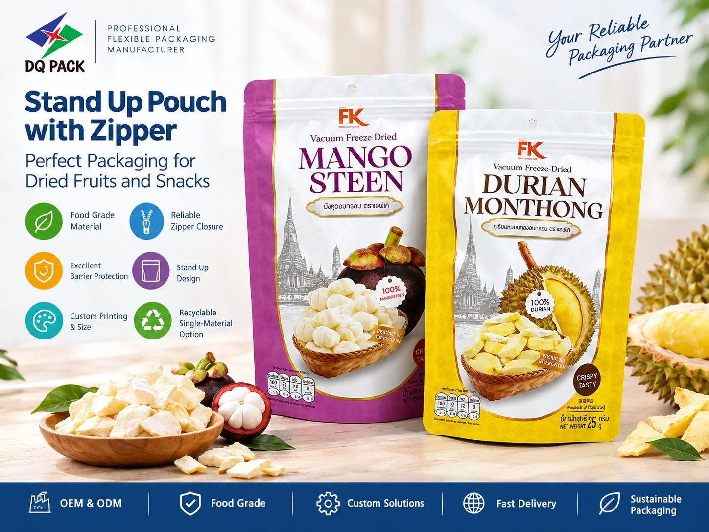 Custom Fruit Snack Packaging for Dried Durian-25g Stand-Up Zipper Pouches Wholesale-5